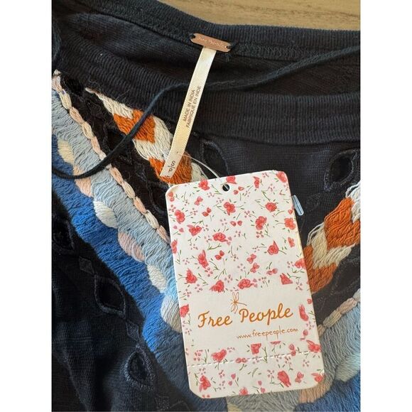 Free People NEW NWT Black Blouse with Blue and Brown Accents - Picture 7 of 7